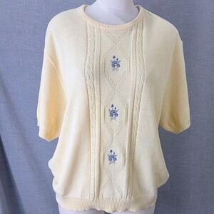 Vintage 80s Nikki Pale Yellow Embroidered Floral Cable Knit Cardigan Plus 1X USA